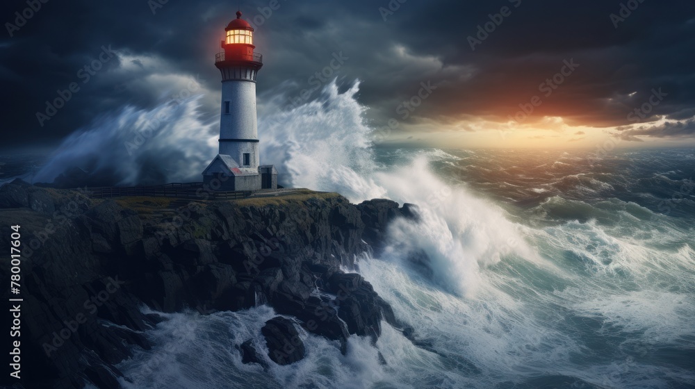 Coastal beacon's protective light: Against the stormy ocean, the lighthouse provides a sense of safety in the evening.