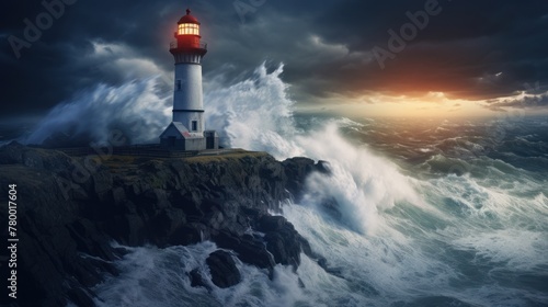 Coastal beacon's protective light: Against the stormy ocean, the lighthouse provides a sense of safety in the evening.