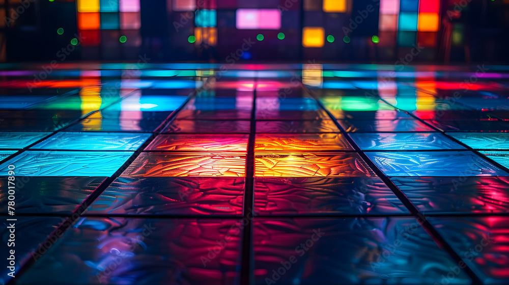 A dance floor with colorful lights and a neon sign. The lights are bright and colorful, creating a fun and energetic atmosphere. The dance floor is empty, but the lights