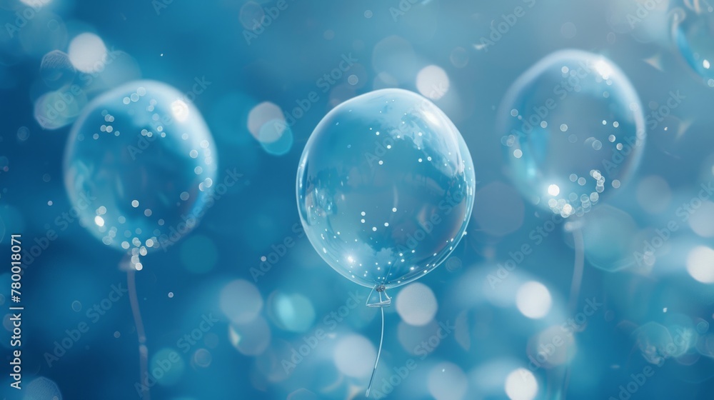 White balloons and sparkles on a serene blue backdrop
