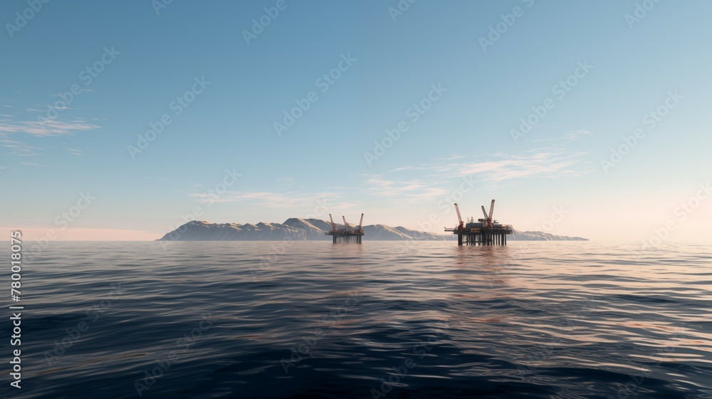 Distant photograph of far away oilrig seen from afar in the open ocean 