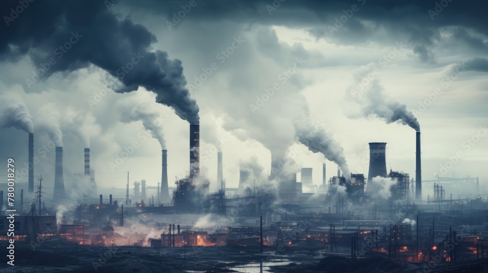 Chemical processing: A factory emits steam and pollutants into the atmosphere. Concept: The problem of environmental pollution.