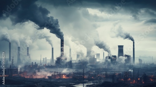 Chemical processing  A factory emits steam and pollutants into the atmosphere. Concept  The problem of environmental pollution.