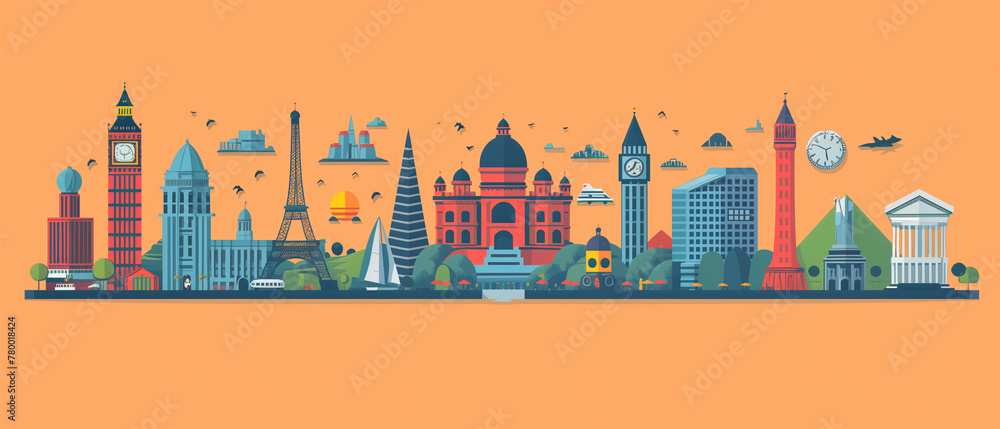 set landmarks from around the world on orange background