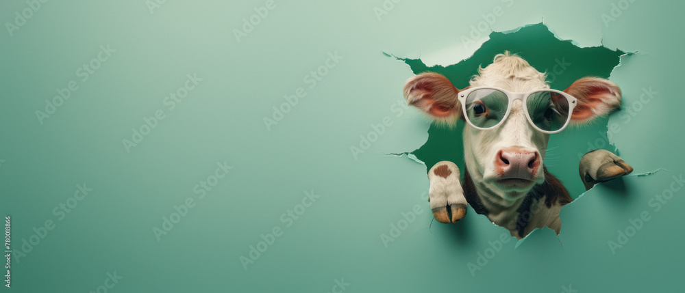 A whimsical cow wearing sunglasses seems to burst energetically through a green paper background