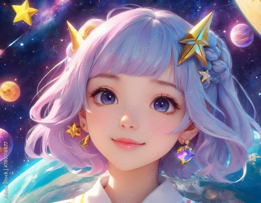 A mesmerizing anime-style girl with lavender hair and cosmic accessories, gazing dreamily against a backdrop of stars and planets.