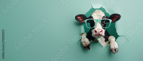 A mischievous cow with shades looks like it's emerging playfully from a green paper background