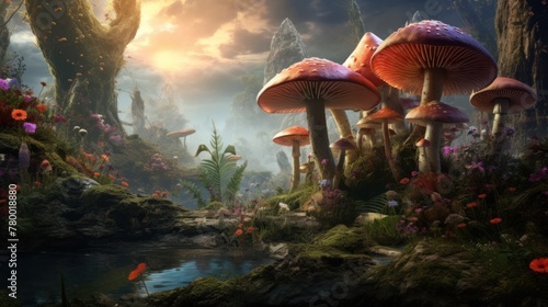 Fantasy Kingdom: sunlight breaks through the fog, illuminating a magical forest with a stream and huge mushrooms.
