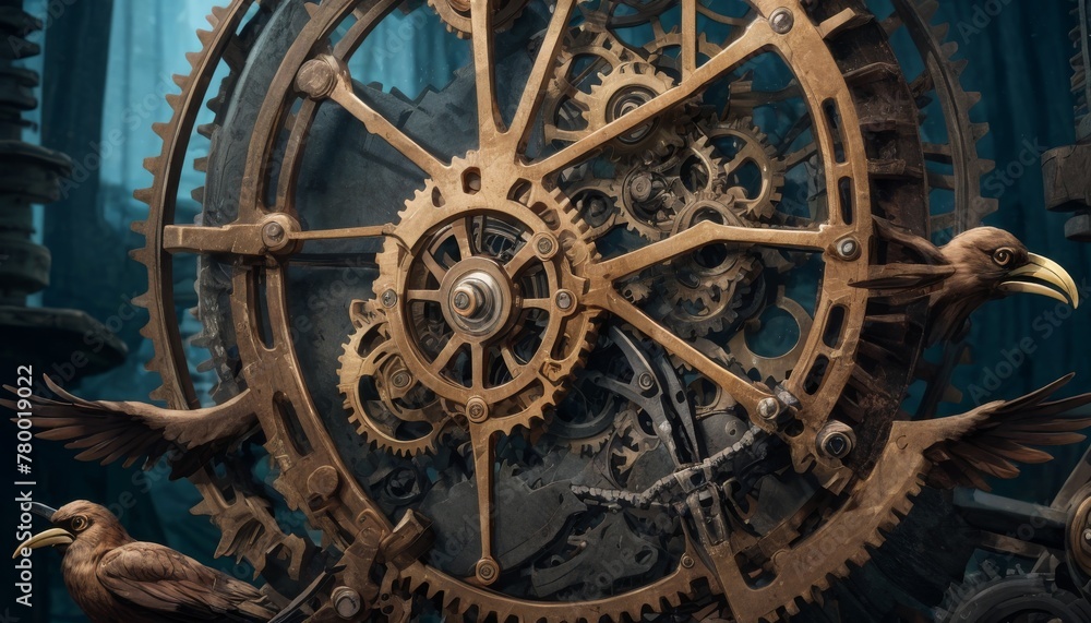 A mechanical raven perches beside a complex gear mechanism within a steampunk environment, symbolizing innovation and the fusion of nature with technology.
