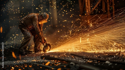 Worker cutting metal with grinder, sparks flying in industrial environment.