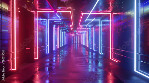 A neon lighted tunnel with red and blue lights. The tunnel is long and narrow © tracy
