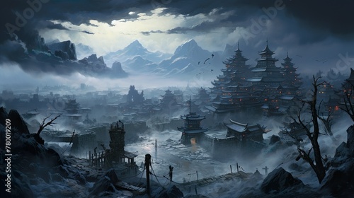 An eerie, snow-covered ancient city with traditional architecture under a dramatic mountainous backdrop photo