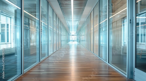 Contemporary glass office corridor with wooden floor and blue light. Modern architecture and interior design concept.