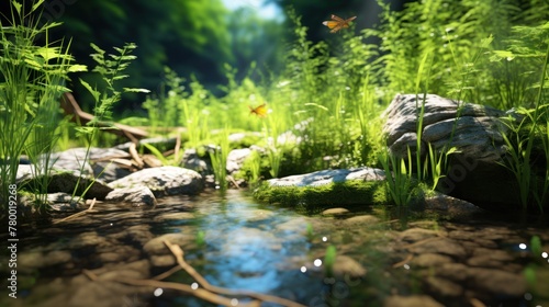 Tranquil beauty: a sunlit stream, rocky and clear, winding through a vibrant forest landscape.