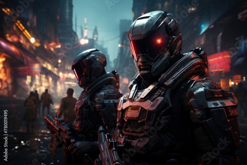 Futuristic Cybernetic Soldiers Patrolling Rainy Cityscape at Night