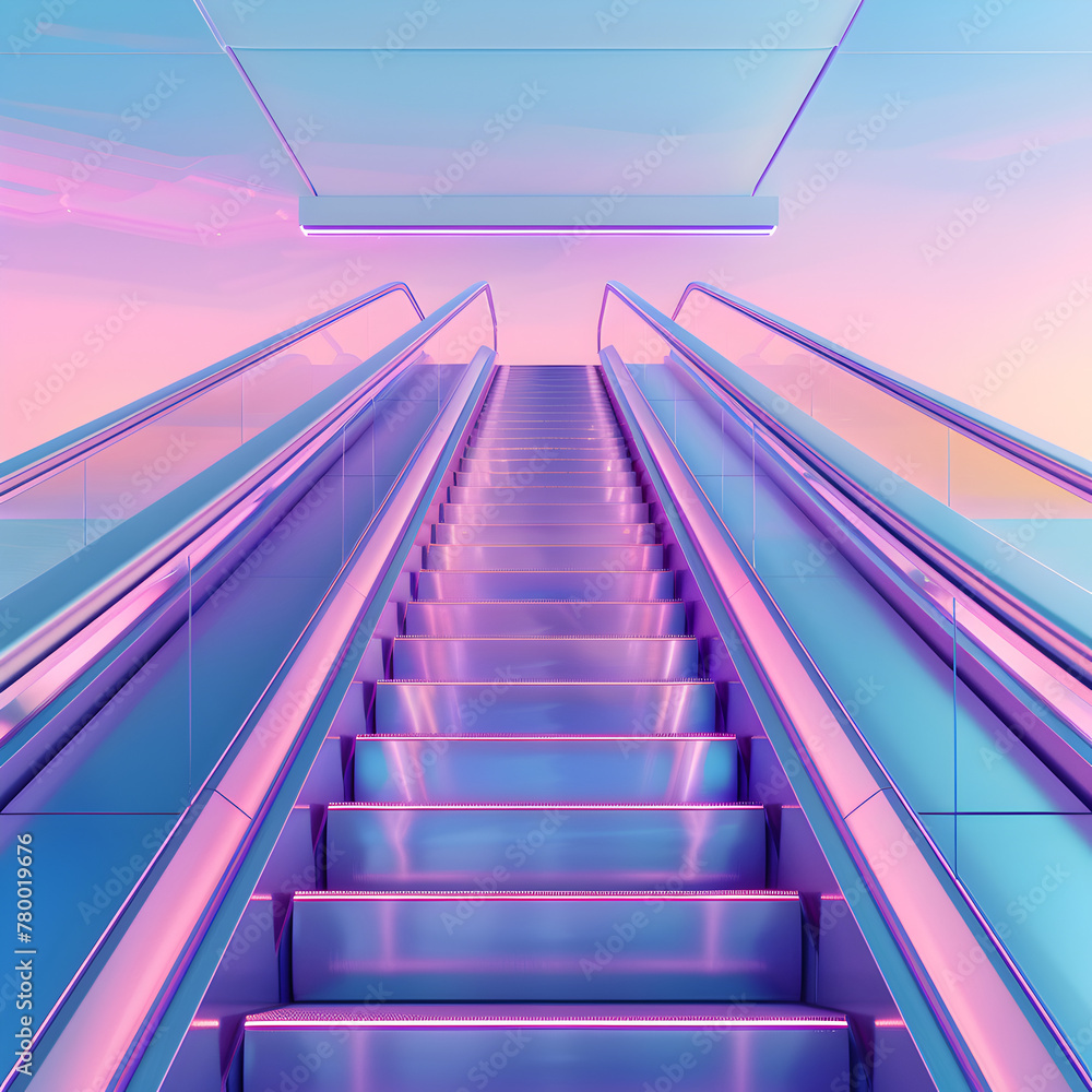 The escalator is blue and purple