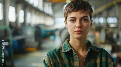Introspective young woman in factory setting. Close-up portrait with industrial workshop background