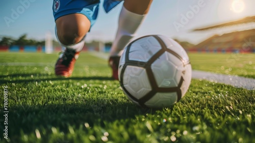 Soccer player kicking ball on grass field. Close-up action shot. Sports and football concept.