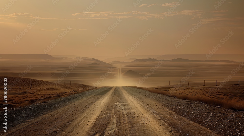 The desert road, a symbol of life's linear journey through difficulties, towards the promise of unknown adventures