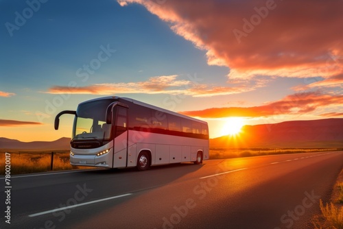 Touristic coach bus on highway road intercity regional domestic transportation driving urban modern tour traveling travel journey ride moving transport concept public comfortable passengers shuttle