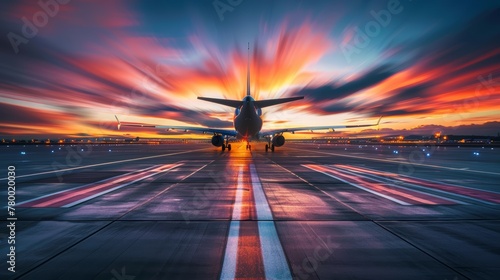 Commercial airplane on runway with dynamic motion blur sky at sunset photo