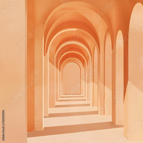 The image is a long, narrow hallway with arched openings. The walls are painted in a warm, orange color, creating a cozy and inviting atmosphere. The arches give the impression of a grand, open space