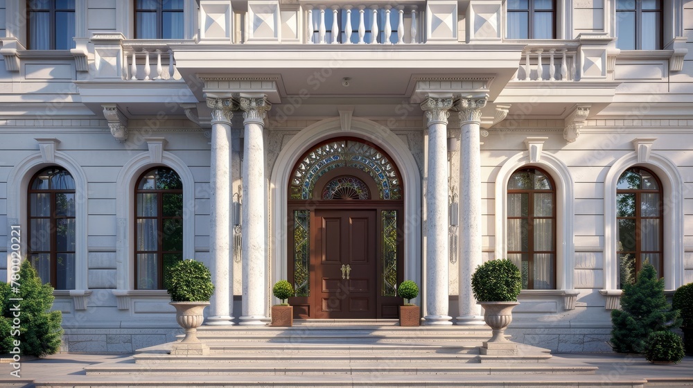 3D rendering of an elegant house facade featuring a grand entrance, balcony, and stately pillars