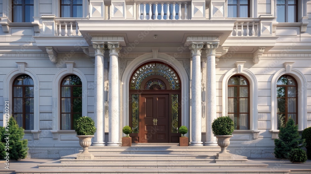 Fototapeta premium 3D rendering of an elegant house facade featuring a grand entrance, balcony, and stately pillars