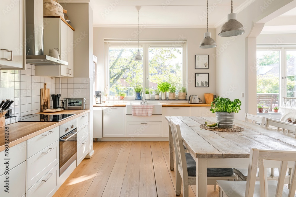 Scandinavian kitchen interior composition with dinner table, chairs, and kitchen decor. Generative AI Scandinavian kitchen interior composition with dinner table, chairs, and kitchen decor. Generative AI