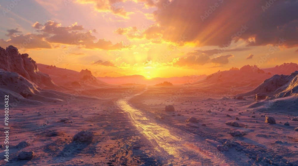 A serene sunrise over a desolate rocky desert, with a road stretching into the unknown, symbolizing hope and freedom