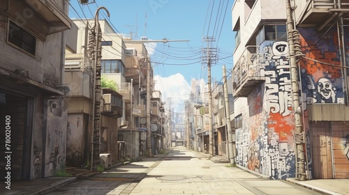 A serene Japanese street artfully depicted with vibrant graffiti and a clear blue sky in a realistic anime style