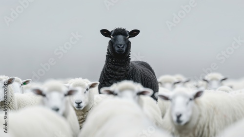 A single black sheep stands tall among whites, a striking symbol of leadership and the power of being distinct photo