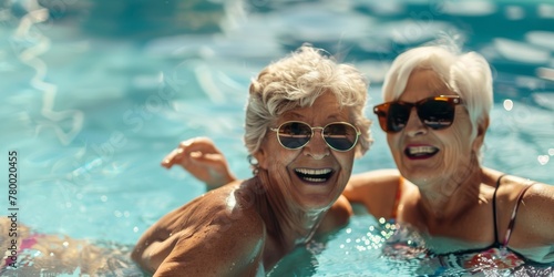 Two senior women with sunglasses enjoying time in a pool. Active seniors and leisure concept for design and print