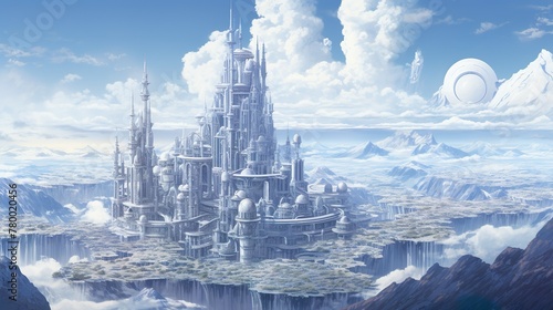 A sprawling futuristic city floating above the clouds with detail on the architecture and fluffy white clouds