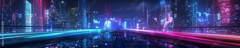 Illuminated cyberpunk cityscape with light trails on highway. Nighttime neon urban background
