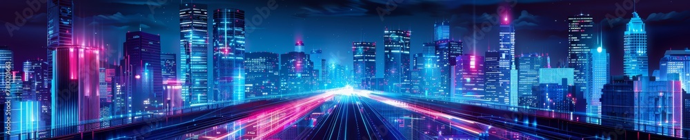 Vibrant neon cityscape with skyscrapers and light streaks