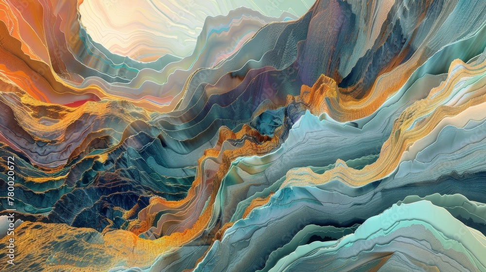 Abstract digital landscape featuring fluid material textures and a kaleidoscope of wave patterns in modern design