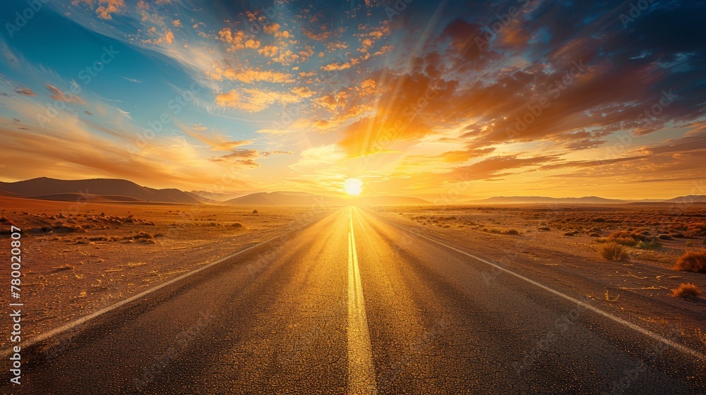 An open road through a barren desert at sunrise, calling for adventure, exploration, and navigating life's challenges