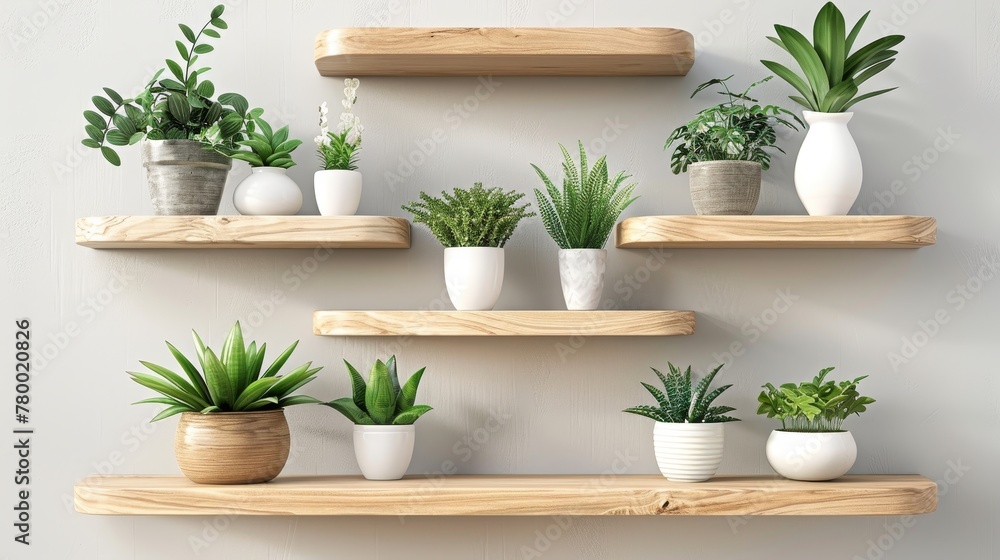 Beautiful plants in pots elegantly displayed on wooden shelves, a serene wall decoration idea
