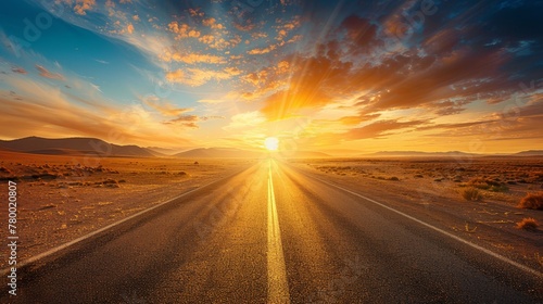 An open road through a barren desert at sunrise, calling for adventure, exploration, and navigating life's challenges