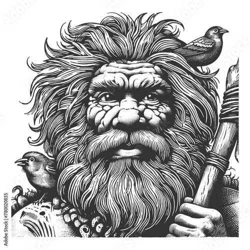 Forest homeless caveman Hermit with Birds sketch engraving generative ai fictional character vector illustration. Scratch board imitation. Black and white image.