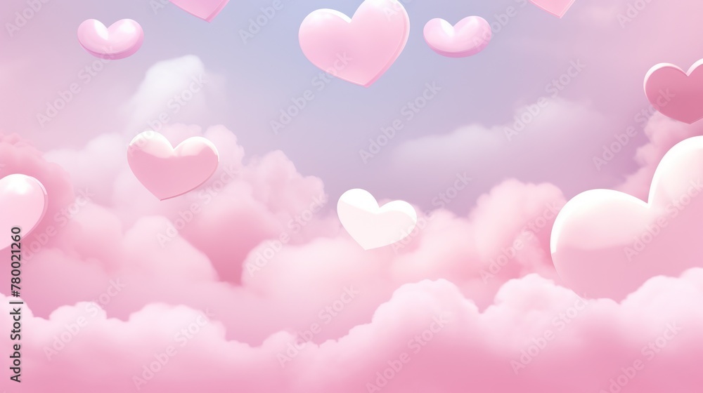 Dreamy pink cloudscape with floating heart shapes, love and romance theme, Valentine background illustration, serene sky.