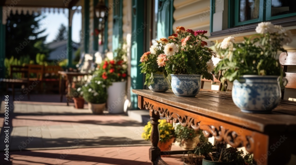 On a sunny terrace, various flowers in pots create a vibrant and blooming outdoor haven.