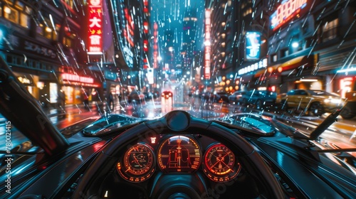 Neon-Speed Racer's Perspective A racer's thrilling viewpoint from within a high-performance sports car, dashing through a rain-slicked, neon-lit metropolis at night