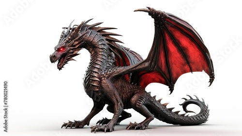 Detailed image of a mythical red dragon with a menacing look, ready for combat with its scales and wings prominently displayed © Damerfie