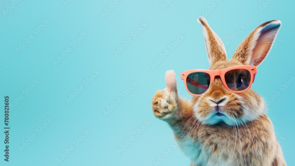 Fototapeta premium A stylish orange rabbit sporting pink sunglasses for a high-spirited and fashionable statement on a blue backdrop