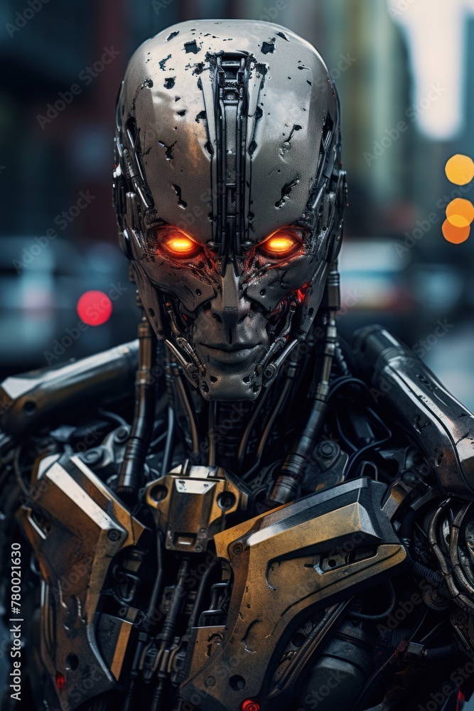 Fototapeta premium Close-up of a humanoid robot's steel head, highlighting its precise design and high-tech components.