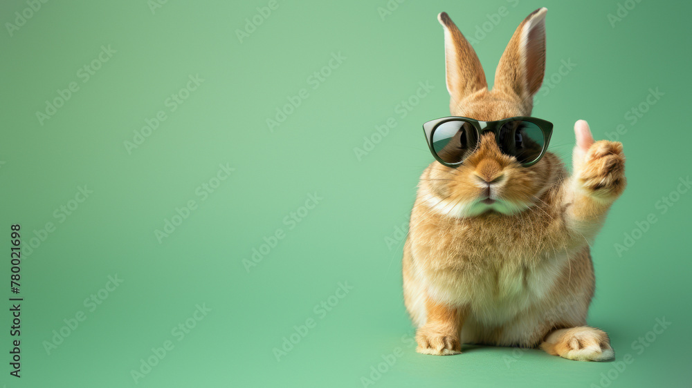 Obraz premium A fashionable rabbit gives a thumbs up while sporting sleek sunglasses on a refreshing green background