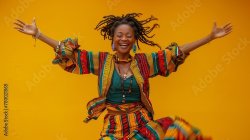 Exuberant African woman in a colorful jumpsuit celebrating Juneteenth, mid-jump on a yellow background, expressing freedom and cultural pride.