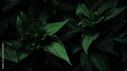 This image displays a serene cluster of green plants, their details accentuated by the contrasting shadowy environment surrounding them photo